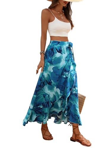 Women's Boho Floral High Waist Maxi Skirt with Knotted Belt Asymmetric Hem Ruffle Flowy Vacation Beach Long Skirt