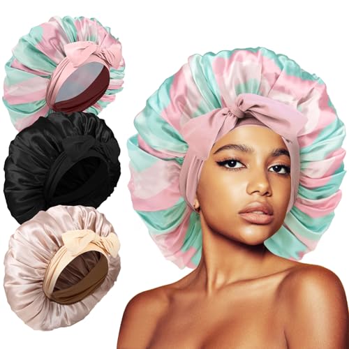 Silk Bonnet for Sleeping Women, 3 Pack Jumbo Satin Bonnet, Hair Bonnet with Tie Band, Sleep Cap for Natural Curly Braids Hair