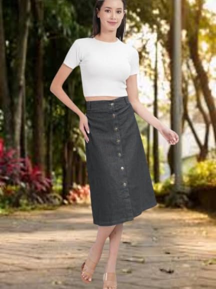 Image of Straight Stylish Comfortable Long Two Button Up Slit Dobby Denim Skirt for Women & Girls