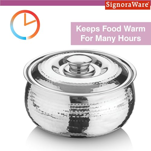 Image of Signoraware Hot Delight Hammered Stainless Steel Casserole | Airtight Lid | Retain Freshness | Great For Travelling or Small Gatherings | Perfect For Hot Curry, Chapatti & Rice (2.1 Ltr | Steel)