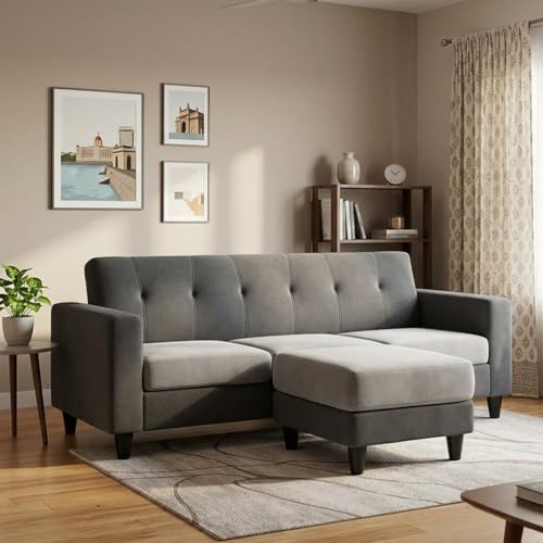 Image of Homeboy 4 Seater L Shape Sofa Set with Movable Ottoman | Flexible Left or Right Layout | Luxe Velvet Suede Fabric | Comfortable Seating | Modern Sofa for Living Room -Light Gray - Dark Gray