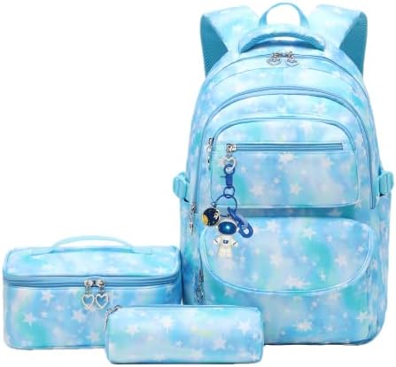 3Pcs Gradient Girls Backpacks Bookbags Set for School with Matching Insulated Lunchbox and Pencil Case
