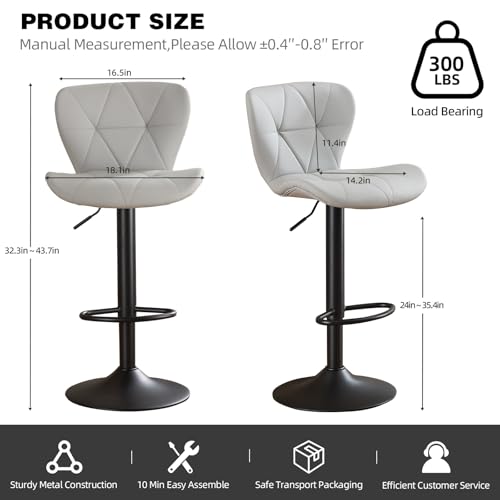 Butacos ajustables para barra, set de 2 unidades, giratorios con respaldo alto, tapizados en cuero sintético, con mecanismo de elevación neumática, estilo moderno para isla de cocina, comedor y bar en casa o cafetería, color gris miniatura 2