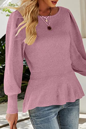 Image of Womens Fall Puff Sleeve Peplum Casual Slim Fit Knit Pullover Sweater Jumper Tops