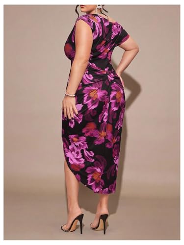 Image of Floerns Women's Plus Size Asymmetrical Neck Long Dress Ruched Slit Hem Cocktail Dress