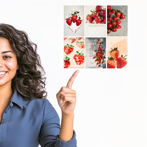 Image of SiddArtify Strawberry Art Print Set - Red - White Fruit Still Life - Set of 2-4x6 Inch - Board (Pack of 6) - Sticker (Pack of 6) Wall Room Decoration art Poster Prints