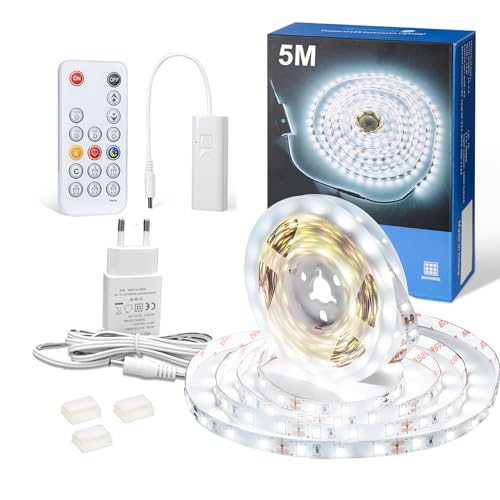 WOBANE Tira LED Blanco Frío 6000K, Tiras Luces Led 5 Metros con Mando Distancia Regulable, Cinta Luz Led Adhesiva con Enchufe para Cocina Dormitorio Habitacion