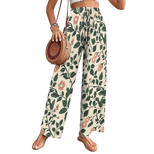 Womens Summer New Floral Palazzo Pants Boho Trendy Elastic High Waisted Drawstring Lounge Work Wide Leg Pants 2025