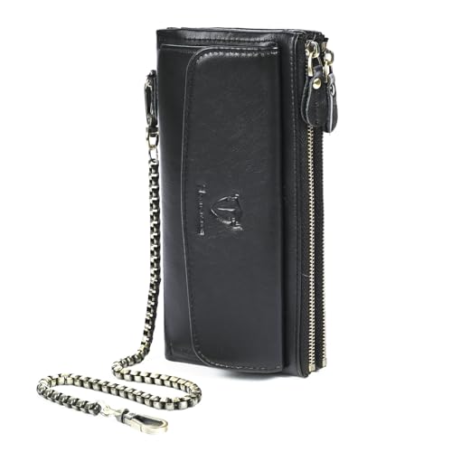 Image of Genuine Crazy Horse Leather Travel Gift Coin Pocket Card Case Long Organizer Chain Rfid Wallet Purse With Snap For Men Male 1803 1815 (6032 The Black)