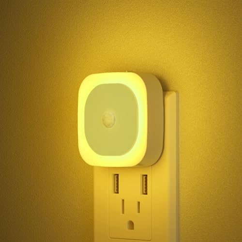 Image of YUNLEX 2 Pack Plug in Night Light with Motion Sensor & Dusk to Dawn Sensor, 3 Sensor Modes, Auto ON /Off, Dimmable, Soft Glow for Living Room, Hallway, Stairs, Bathroom, Golden Yellow