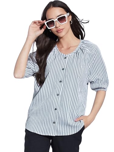 Image of Selvia Women Textured Crepe Printed Top Regular fit Shirt Style Top Round Neck Half Sleeve Stylish Top