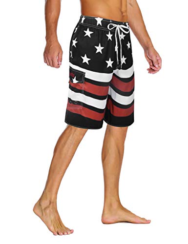 unitop Men's Swim Trunks Quick Dry with Lining Beach Board Shorts Black&Red-32