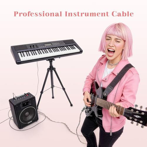 Image of 10FT Instrument Cable - Electric Guitar & Bass Cable with Right Angle 1 /4 Inch Connector - Pink White