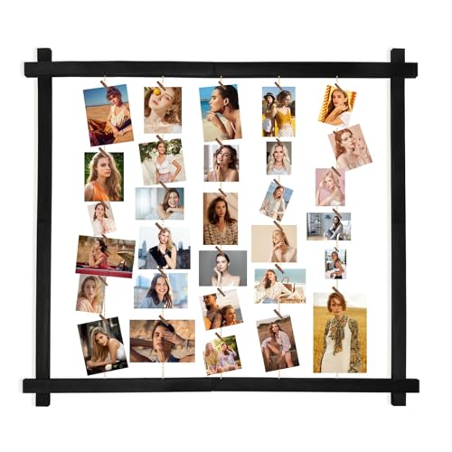 PHOENANCEE Cadre photo en bois pour plusieurs images, cadre photo collage mural avec clips, panneau photo suspendu pour la décoration intérieure(Noir Rustique, Lot de 1)