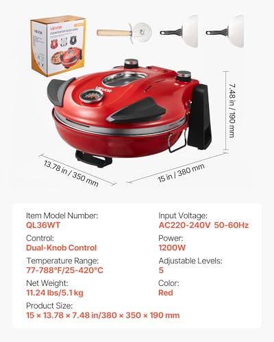 VEVOR Pizzaofen elektrischer Pizzamaker 1200 W Pizzakocher mit Cordieritstein, 5-stufige Temperaturregelung, Sichtfenster für präzises Kochen, erhitzt bis zu 420 °C, Backofen für Zuhause (rot)
