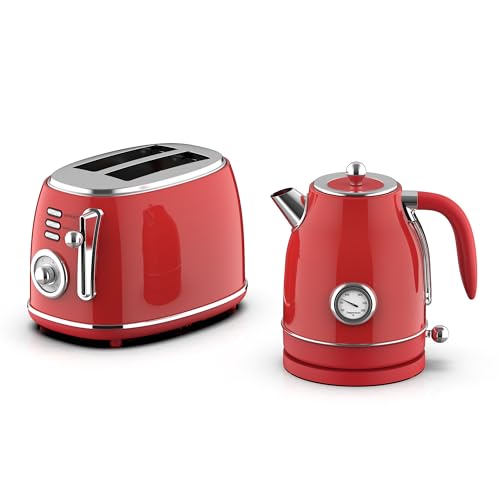 MegaChef 1.7 Quart Electric Tea Kettle and 2 Slice Toaster Combo (Red)