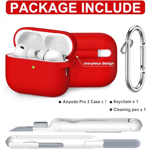RFUNGUANGO for AirPods Pro 3 Case 2025 with Cleaner Kit and Keychain, Soft Silicone Protective Cover for Apple AirPods Pro 3rd Generation Case, Support Wireless Charging, Red — view 2