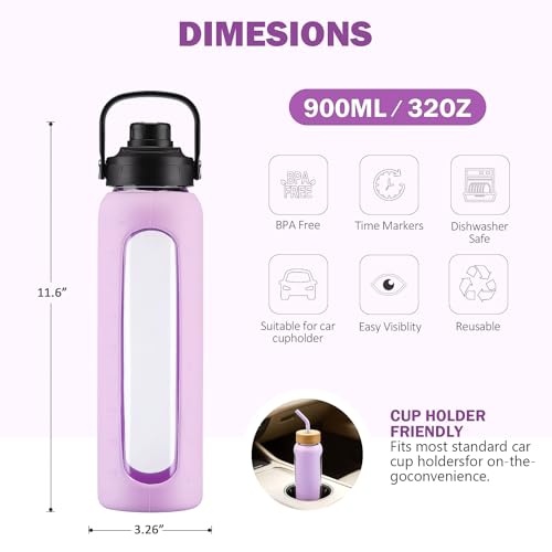 Image of 32 oz Glass Water Bottle with Straw - 2 Lids (Bamboo & Spout Lid), 1L Motivational Borosilicate Glass Daily Water Intake Bottle with Time Marker, Silicone Sleeve for Home Office-Purple