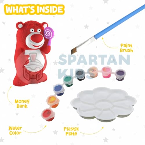 Image of Spartan Kids Paint Your Own Bear Piggy Bank for Kids, DIY Watercolor Craft Activity Set with Lock, Creative Money Saving Box for Boys and Girls, Best Birthday Party Return Gift (15, Bear)