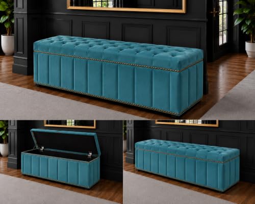 Image of Tufted Velvet Storage Ottoman Bench with Nailhead Trim (Teal) | Velvet Storage Ottoman Bench
