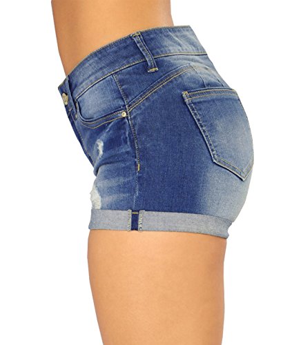 Govc Women Casual Summer Mid Waist Stretchy Denim Jean S horts Junior Short Jeans(Dark Blue,S)