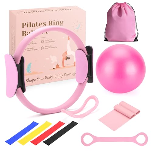 Jazcimdo 10 Teiliges Pilates Set, Pilates Ball Pilates Ring Zubehör Set für Zuhause, Pilates Essential Kit für Frauen mit Yoga Ball, Yoga Ring, Pilatesring und Zubehör für Stretching und Fitness
