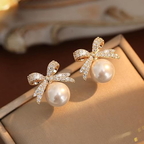 Bow Earrings for Women Dainty Pearl Rhinestone Bow Earrings Holiday Christmas Jewelry Gifts Gold Silver Cute Earring for Prom Wedding Party Holiday Accessories2