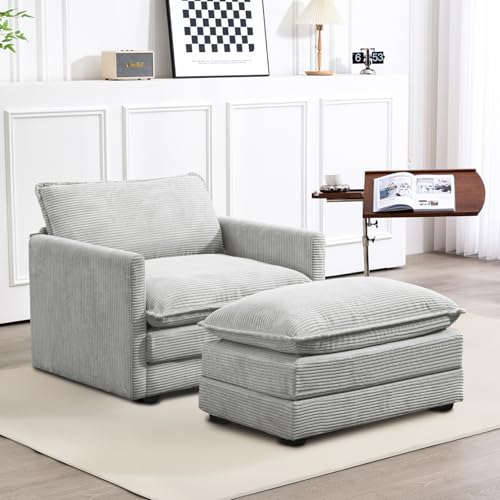 ROWHY 41'' Single Armchair with Ottoman, Modern Corduroy Cloud Couch with Convertible Chaise, Upholstered Sofa Set for Living Room, Light Grey