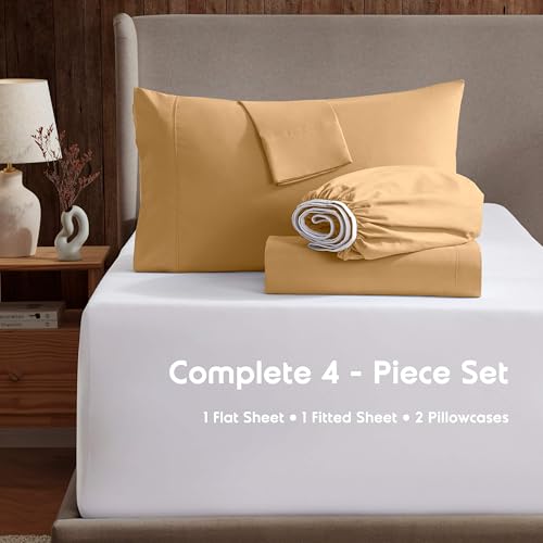 Image of Nestl Queen Bed Sheet Set - Camel Gold - 4-Piece Deep Pocket | Instantly Soft, Night-One Ready (No Wash Required). Fits 16-Inch Deep Pockets, 360-Degree Elastic Grip