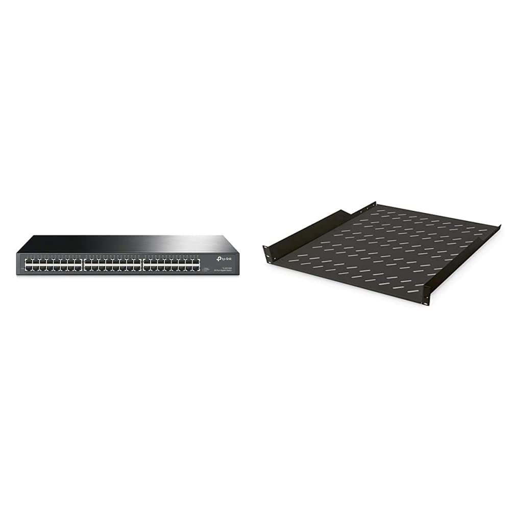 TP-Link TL-SG1048 48-Port Rackmount Gigabit Switch & DIGITUS Professional DN-19 TRAY-2-55-SW - Fachboden zum Festeinbau in 19“ Schränke - Traglast 25 kg - ab 800 mm Schranktiefe - 2HE - Farbe schwarz