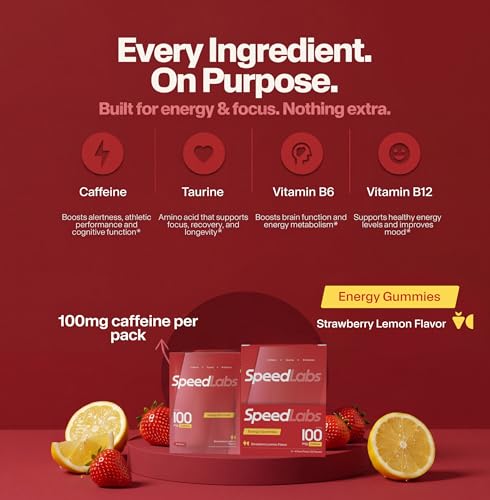 Image of Speed Labs Caffeine Energy Gummies Strawberry Lemon Natural, 25mg Caffeine, Taurine, B-Vitamins per Piece, Vegan, Gluten Free, 1g Added Sugar (8 Packs, Strawberry Lemon)