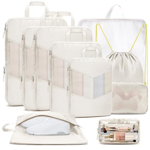 Vailge Compression Packing Cubes for Suitcases and Backpack, 10-Set Travel Packing Cubes with Visible Mesh and Double Zippers, Suitcase Organiser Bags including Shoe Bag and Laundry Bag, Beige