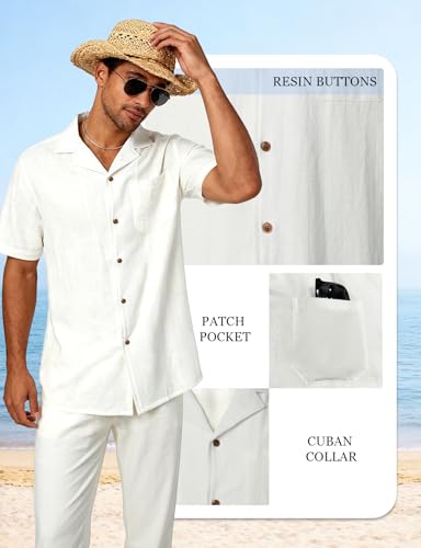 Image of JEMITOP Men's 2 Piece Outfits Summer Relaxed Fit Walking Suit Casual Cuban Guayabera Shirt and Pants Set Beach Vacation