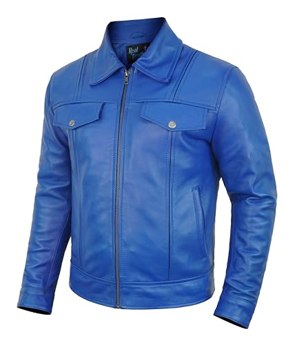 UGFashions Mens Halloween Cosplay Costume Biker Jacket Shirt Collar Style Faux Blue Leather Motorcycle Jacket