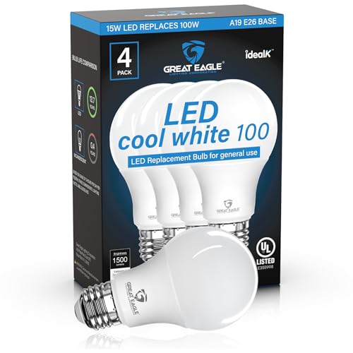 Great Eagle A19 LED Light Bulbs 100 Watt Equivalent - UL Listed - Cool White 4000K Light Bulbs, 15W Non-Dimmable, 1500 Lumens (4 Pack)