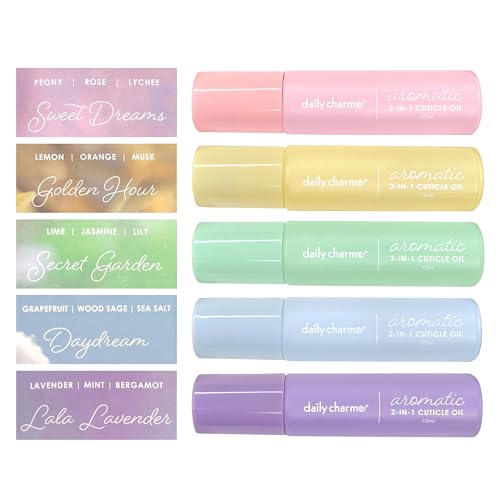 Daily Charme 2-in-1 Aromatic Cuticle Oil/Perfume Roller - 10 mL, Cuticle Moisturizer with Vitamin E Nourishing Scented Portable Nail Oil for Nail and Hand Care (Set)