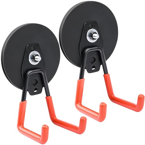 マグネット フック 強力,ガレージフック超?力,耐荷重35kg,磁石 フック 2個パックの収納ユーティリティマグネットフック 壁掛けフック、工具収納用の滑り止めコーティングが施された大型の壁掛けフック(88MM,オレンジ)
