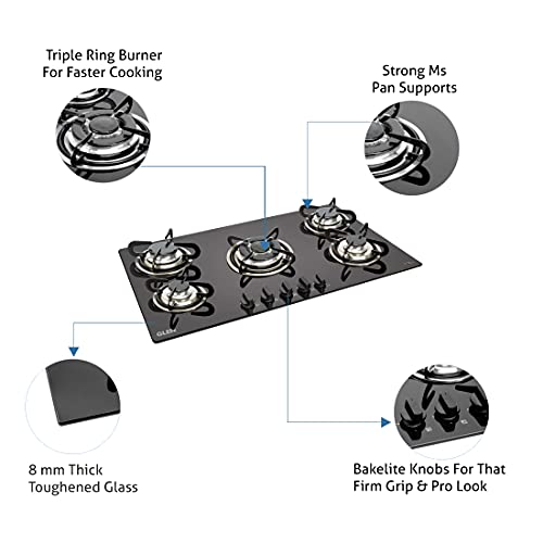 Glen 5 Burner Built in Glass Gas Hob with European Sealed Triple Ring Burners, Auto Ignition, Black (1095 TRG) - Image 2