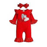Valentines Day Bell Bottom Romper Baby Girl Floral Overalls Heart Elephant Print Jumpsuit Flare Pants Ruffle One Piece (red, 3-6 Months)
