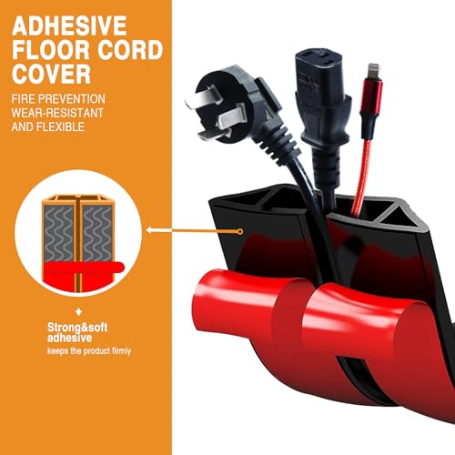 Protector de cable para piso de 10 pies, autoadhesivo, para cubrir cables eléctricos y de audio, color negro con amarillo miniatura 2