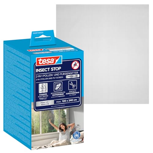 tesa INSECT STOP 2-in-1 Pollen- und Fliegengitter Premium - zuschneidbarer, transparenter Pollenschutz für Allergiker - inkl. selbstklebendem Klettband - Anthrazit - 120 cm x 240 cm
