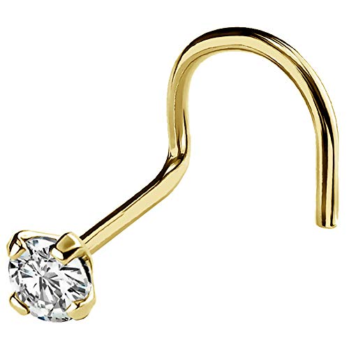 20G Solid 14Kt Gold Nose Screw Stud with Prong Set real Diamond Gemstone, 14kt Yellow Gold or 14kt White Gold - April Birthstone Nose Ring-YG_WD-2.5MM