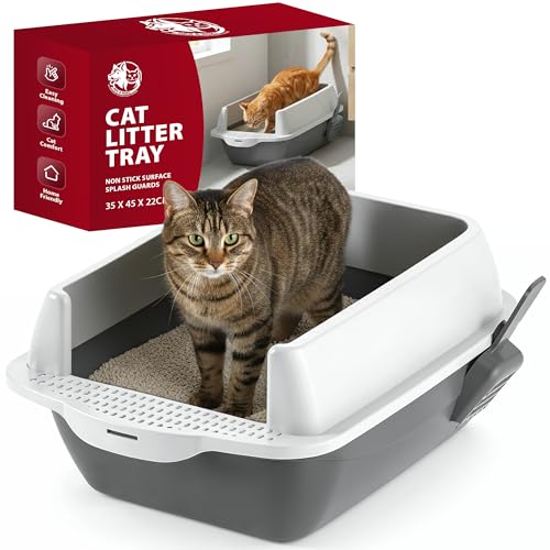 Rex & Roxy Cat Litter Tray | Litter Tray With Scoop | Cat Littering Box | Kitten Littering Trays With Open Top | Large Trays With Detachable Rim | Non Stick Surface | Splash Guards | 35 x 45 x 22cm