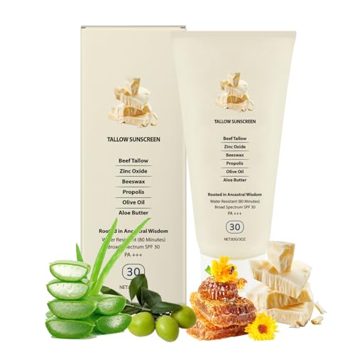 Natural Beef Tallow Sunscreen - Zinc Oxide Sunscreen for Face & Body - Natural Sun-screen with Aloe Vera,Olive Oil - Suncream Factor 50 - Water & Sweat Resistant Sun Cream - SPF 50 Face Moisturiser