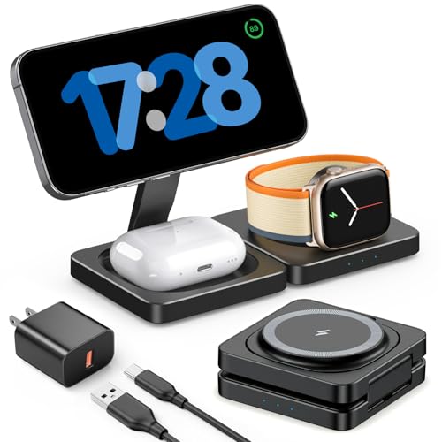 Trendy 3 in 1 Travel Charging Station for Apple Devices, Foldable Magnetic Wireless Charger Stand Compatible with MagSafe, Fast Wireless Charging Pad for iPhone 16/15/14/13/12 & AirPods & Apple Watch