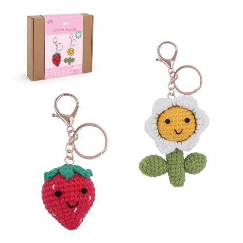 Image of HOUSE CREATIVITY Crochet Keychain Kit for Beginners, Make 2 Strawberry & Sunflower Charms, Crochet Kits with Video Tutorial, Complete Set with Yarn, Hook & Keyring, Cozy Stress Relief Gift for Adults