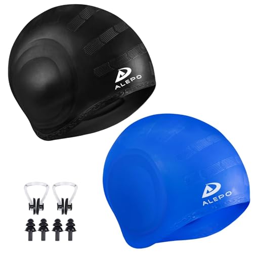 2 Pack Unisex Swim Caps with 3D Ear Protection, Durable Flexible Silicone Swimming Hats for Women...