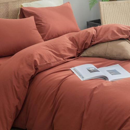 Image of BESTOUCH Cotton Solid Duvet Cover Set Linen Feel Crimson Red Alaska King | 100% Washed Cotton, Soft Wrinkle Texture, Hidden Zipper, 8 Ties, Breathable Lightweight Durable Comfy, 3 Pcs No Insert