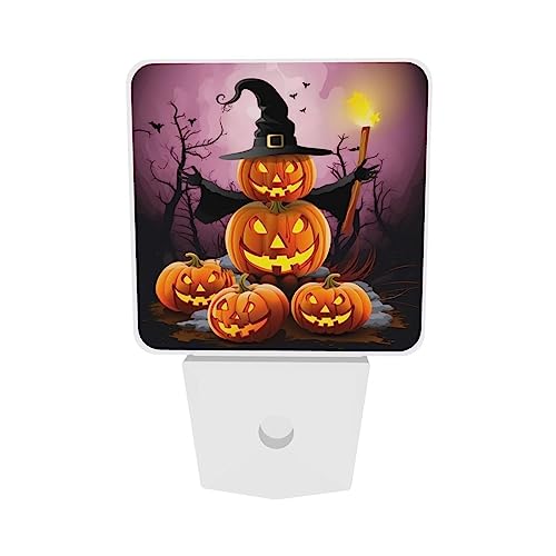 Image of Funny Pumpkin Hats Halloween LED Plug-in Night Light 2-Pack, Auto Sensor Nightlights for Bedroom Bathroom Decorations
