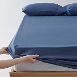 クモリ(Kumori) ボックスシーツ ワイドキング 200X200cm 洗いざらし 柔らかい 肌触り 無地 耐久シワ加工 洗える 吸湿速乾 着脱簡単 オールシーズン ベッド/マットレス/敷き布団対応 ベッドシーツ シーツ マットレスカバー ベッドカバー (200X200cm, ネイビー)